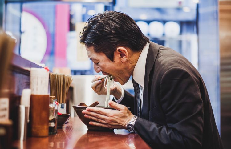 slurping somen at Japanese restaurant