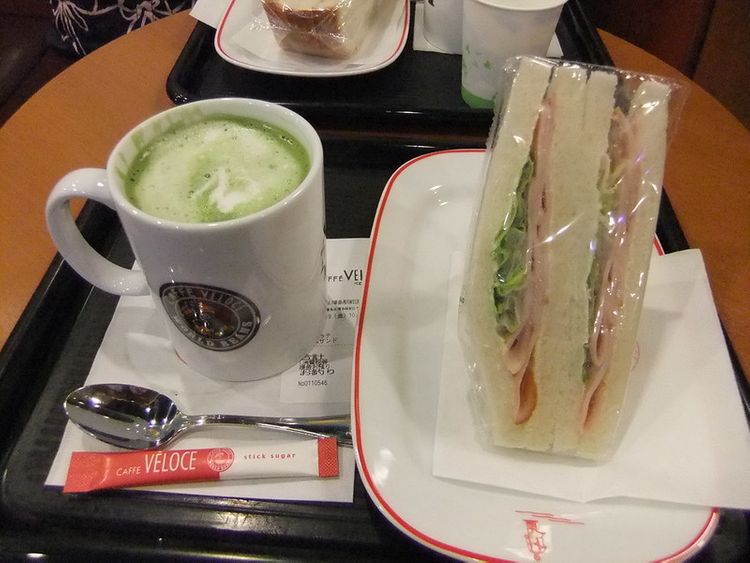 Caffe veloche matcha latte and sandwich