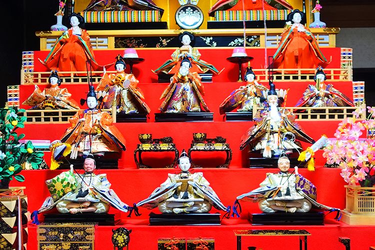 close up of the upper level of hina dolls