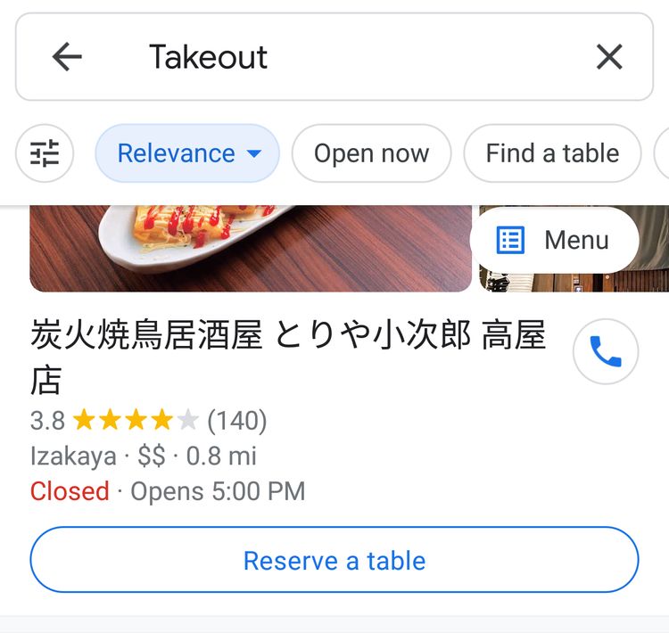 takeout options viewable on google maps